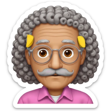 old guy with very curly hair and brown shades and big  pink mustache sticker