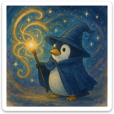 ghibli style penguin wizard casting a spell with a magical background sticker