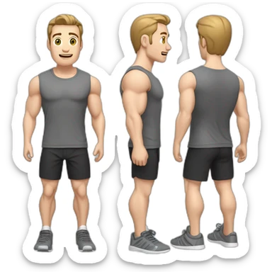 Surprised Pale skinned Fit Man With the biceps and dark brown hair in black shirt, gray sports shorts and white Sneakers sticker