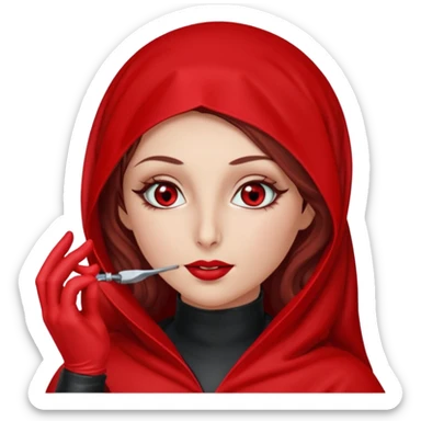 Lilith scalpel in hand, evil surgeon outfit.  She has red eyes. She has dark brown curly hair. Hair is long . Wears sexy doctor outfit with red gloves. Covers nose, neck and mouth with Muslim red burka sticker