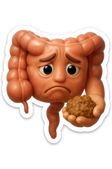 EMOJI STILE IPHONE 3D DI un intestino con espressione triste mentre tiene in mano delle fibre fermentate a poltiglia, FALLO MOLTO REALISTICO IN 3D sticker