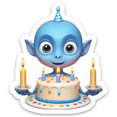 A cute friendly alien holding a birthday cake with candles, big expressive eyes, bright colors, cartoon style, playful atmosphere, 3D animated look, Pixar-inspired, highly detailed
 sticker