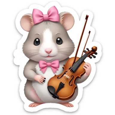 gray hamster with a pink bow on it's head and holding a violin sticker