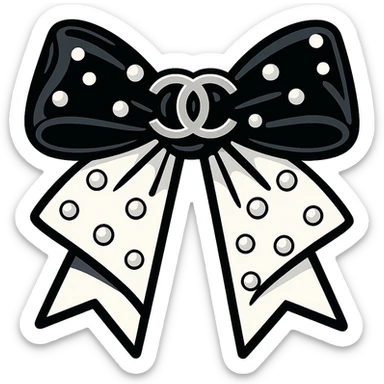 elegant bow with pearls and silver Chanel logo, glossy, black and white sticker