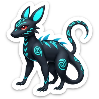 Colorful Neon Exotic Salandit-Aurorus-Umbreon-Fakémon-hybrid-creature (full body) with tribal markings sticker