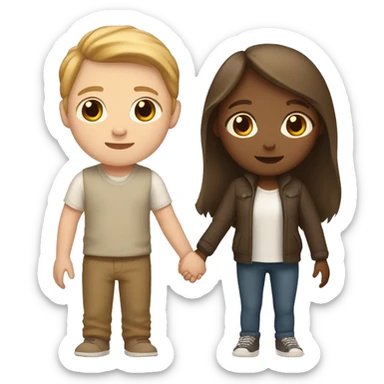 a white shorter girl with brown long straight hair and brown eyes holding hands with a taller white boy with very light brown short wavy hair sticker
