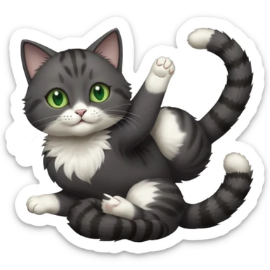solid dark grey cat with green eyes, white toes/paws and white patch on her chest playfully rolling upside down sticker