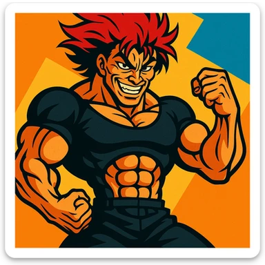 Yujiro Hanma, muscular anime character with a menacing grin, red spiky hair, powerful stance, detailed illustration style sticker
