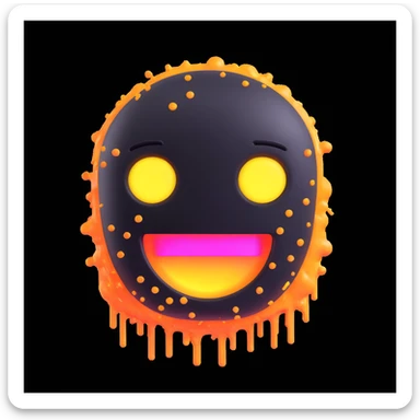 melting emoji face merging with a digital robot, emoji dissolving into neon digital particles, flat 3D icon, vibrant neon palette, white background sticker