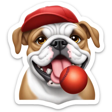 English bulldog with blue eyes eating a red baseball hat sticker