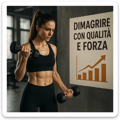 woman in gym doing dumbbell exercises, slim and toned body, progress chart next to her, atmosphere of determination, Italian text: 'Dimagrire con qualità e forza', 4K quality sticker