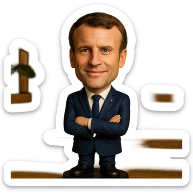 bobblehead style figure of Emmanuel Macron, French president, suit and tie, oversized head, confident smile sticker