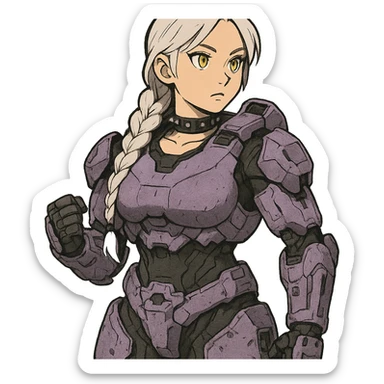 female, wearing reach spartan armor default, long white braid hair, gold yellow eyes, attention pose, halo series, no helmet, the armor is lavender color scheme and has no shoulder pad attachments. DDD bust size fitting. Punk gothic cyberpunk sticker