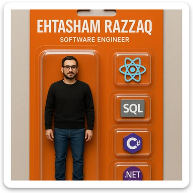 Create a realistic action figure toy of the person in the photo, packaged in a strong orange card blister pack. The figure is inside its own blister. Next to the figure, include four separate blisters, each containing one piece of equipment: 1) a React logo, 2) a SQL logo, 3) a C# logo, 4) a .NET Core logo. Each equipment is in its own individual blister, do not repeat any equipment. On top of the box, write 'Ehtasham Razzaq' and underneath it, 'Software Engineer'. The entire scene should look like a real, professionally packaged action figure toy. The style should be photorealistic and realistic as a real action figure toy packaging. sticker