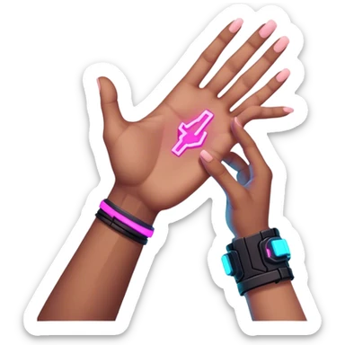 Neon cyberpunk style 
male hand holding female sticker