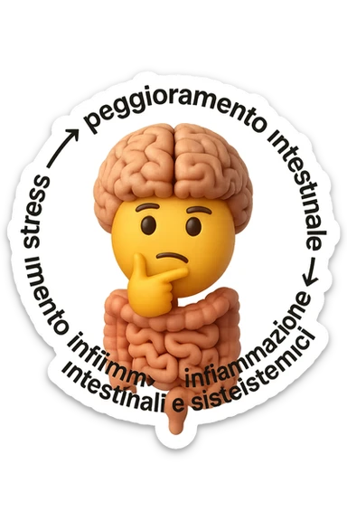 EMOJI STILE IPHONE 3D DI un cerchio con queste scritte che girano intorno "stress → peggioramento intestinale → aumento infiammazione → peggioramento sintomi intestinali e sistemici." al centro del cerchio metti un cervello e intestino umani collegati verticalmente con espressione dubbiosa in volto, FALLO MOLTO REALISTICO IN 3D sticker