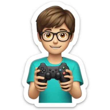 A 12-year-old boy with short brown hair and glasses holds a joystick in his hands sticker