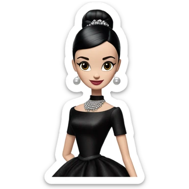 Audrey Hepburn as Sabrina Barbie.Wednesday Addams. Show full body wearing Embroidered long black gown jewelry gloves pearl earrings  sticker