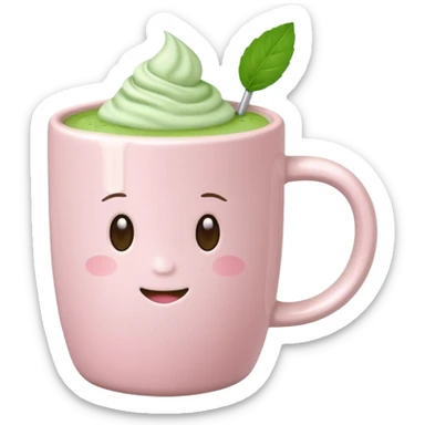 White pastel pink ceramic mug with matcha latte sticker