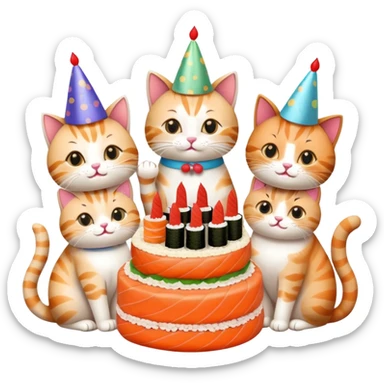 six cats celebrating one cat's birthday party, all cats holding pieces of sushi, birthday cake, party hats, and decorations sticker