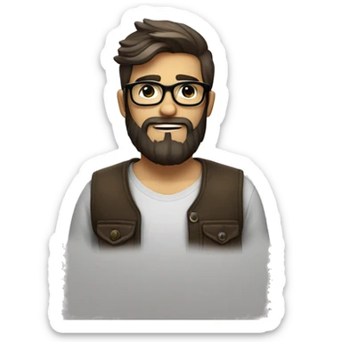 Create an emoji of a young, hipster male designer with a beard and an eye patch. He should be wearing trendy glasses and have a slightly mischievous expression. sticker
