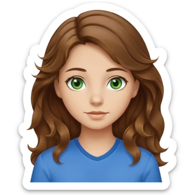 girl with brown hair, green eyes with a blue shirt no background ,young with wavy hair long brown hair with tiny blonde highlights sticker