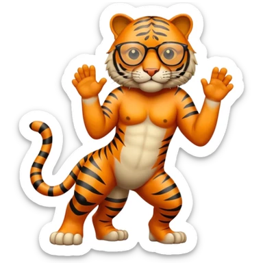 un tigre con gafas oscuras parado en dos patas bravo con la mano en la derecha en la pose: Firme sticker