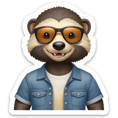 friendly anthropomorphised honey badger in jeans and a t-shirt, wearing sunglasses, head and shoulders view, smiling sticker