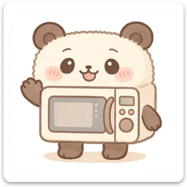 chibi style microwave oven as a soft fluffy panda, blushing, waving happily, soft pastel palette, full-body sticker