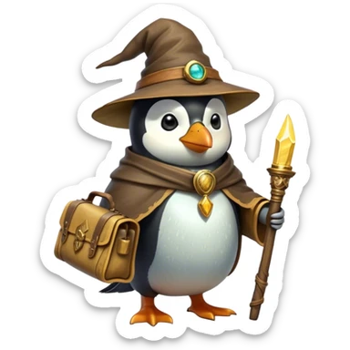 A wizard-explorer penguin inspired by Indiana Jones, wearing a weathered yellow enchanted hat and a flowing cape. It carries a leather satchel with ancient scrolls and holds a glowing magical relic. Cartoon-style, smooth shading, highly detailed, no background sticker