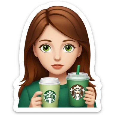 Brown haired girl with green eyes and straight hair drinking Starbucks sticker