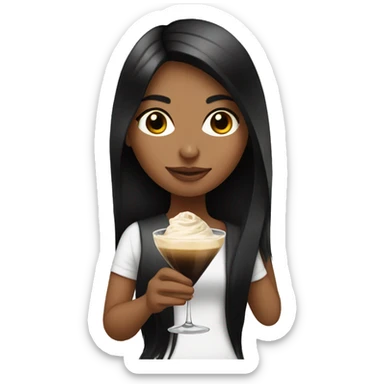 Girl with long black hair holding an espresso martini sticker