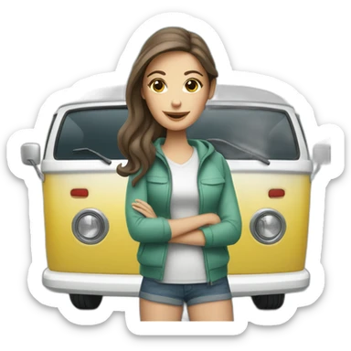 Hip white brunette woman with a sporty camper van sticker