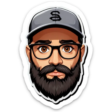 A man with a grey baseball cap, hazel eyes, big dark brown beard and glasses, big puppy eyes sticker