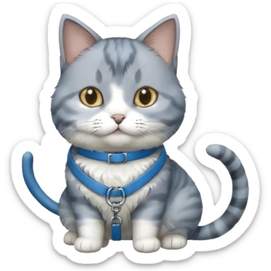 gray and white cat on a blue leash sticker