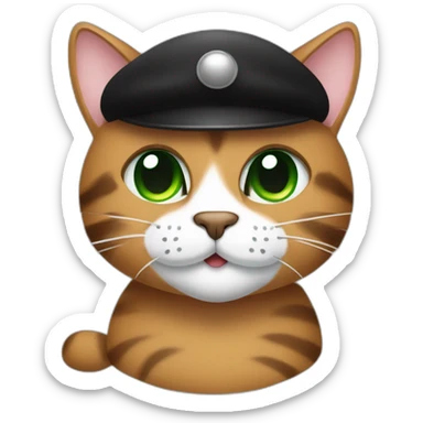 Brown cat with black stripes and white mustache and the contour of the white mouth and green eyes with a brush pencil and a black beret and a color palette sticker