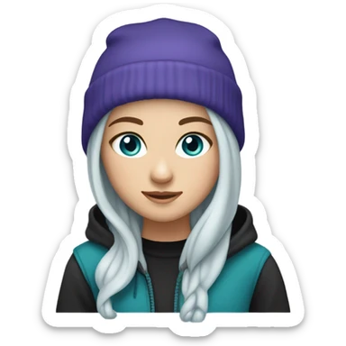 White girl, blue eyes, long teal hair, purple beanie hat, black hoodie, blue jeans, black shoes sticker