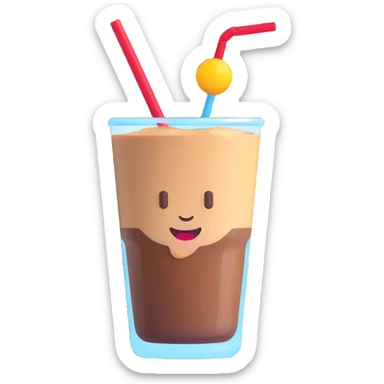 A 3D style emoji of Vietnamese iced coffee in a glass with a straw, and a coffee drop on the glass, with a focus on the coffee color. sticker