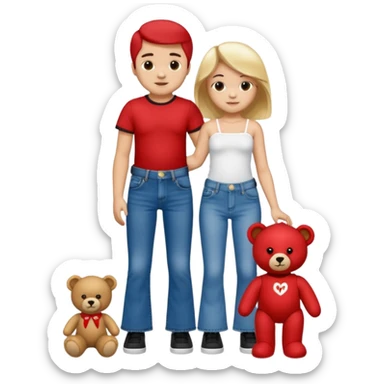 A boy and a girl teddy bear for the boy bear put on true religion shirt and jeans with black shoes and for the girl put flare jeans and a red tube top and white shoes just bears not the humans  sticker