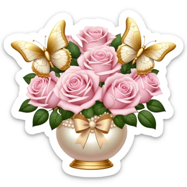 Realistic aesthetic bouquet of roses. Three white and three light pink in a pearl vase and a beige bow with gold decoration and a butterfly with gold and beige wings sticker