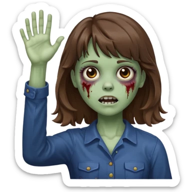 Uma menina zombie com um cabelo ondulado médio, com a franja pro lado esquerdo, o cabelo com cor castanho com as mão pra cima tipo zombie  sticker