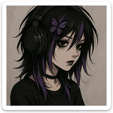 emo girl with headphones, purple highlights, butterfly hairpin sticker