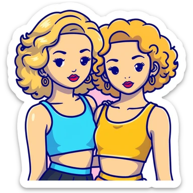 Two teenage girls together, one blonde and one with curly brown hair, both with heavy makeup, big lips, crop tops, gold jewelry and flashy choni style outfits sticker