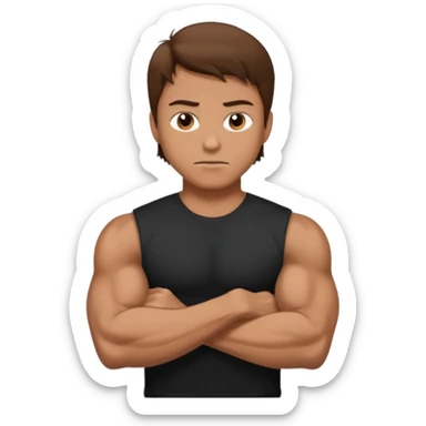 man with brown hair who is strong wearing black t shirt not smiling muscles sticker