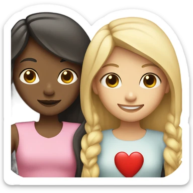 Two girls with dark hair and one with blonde smiling holding a heart sticker