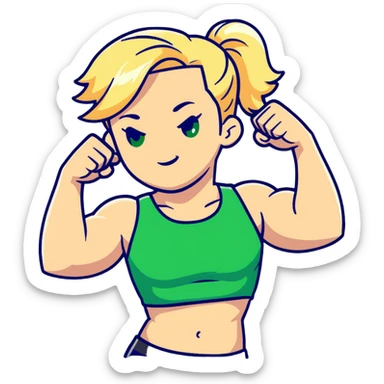 full body pose of a muscular white girl with blonde hair and green eyes, flexing 6 pack abs and one arm bicep sticker