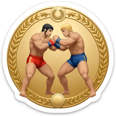 An icon symbolizing wrestling combat sports in the style of an emblem. The design features two wrestlers locked in a powerful grapple, one attempting to take the other down. Surrounding the scene are stylized elements like a championship belt, wrestling mat, and a laurel wreath.  sticker
