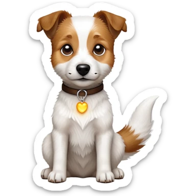 cinematic-[jack russel]-realistic-full-body-sitting-emoji,-tail-resting-loosely-beside-its-paws,-head-tilted-dramatically, -scruffy-[brown and white]-fur,-simplified-yet-realistic-focused-features,-highly-detailed,-glowing-with-an-almost-sarcastic-glow sticker