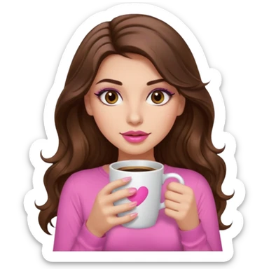 girl with long wavy brown hair, brown eyes, long lashes, makeup ,sexy pink lips, light to medium complexion, pink sexy top, with a coffee mug sticker