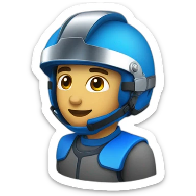 Blue gokar with driver that has blue helmet with chrome visor sticker